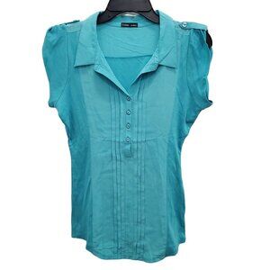 LINQ Los Angeles Women's Blue Modal Silk Blend Roll Tab 1/2 Button‎ Top Size S